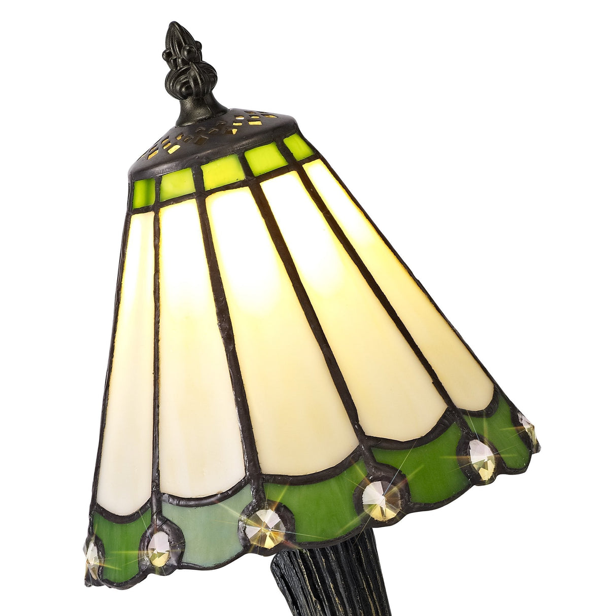 Artisan Tiffany Style Table Lamp with Cream, Green, and Clear Crystal Shade