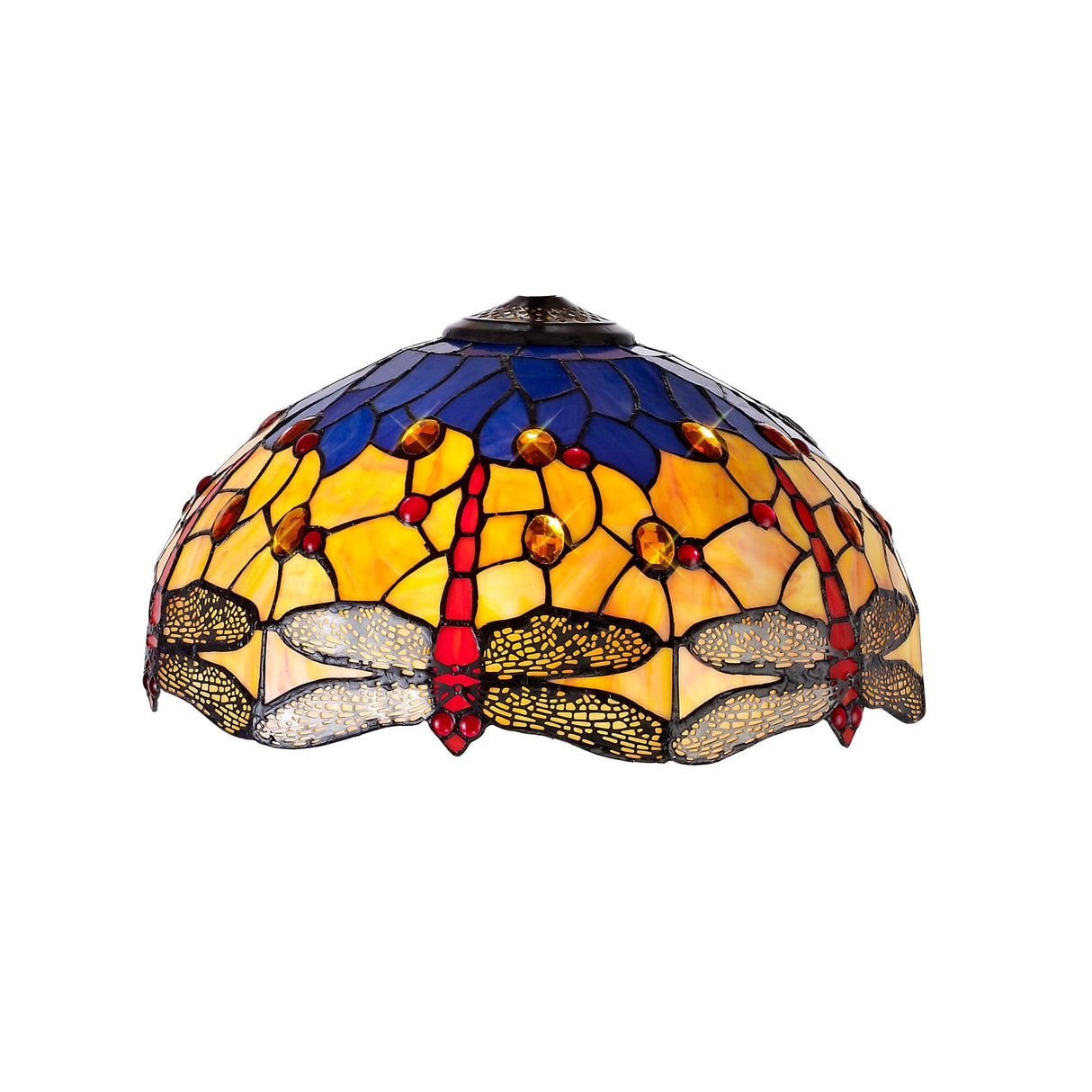 Handcrafted Tiffany Stained Glass Shade in Blue and Orange with K9 Crystal Detailing
