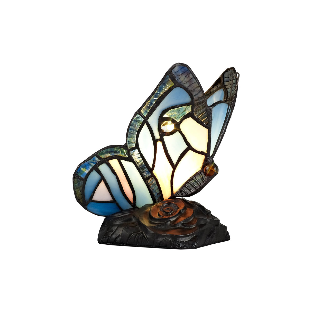 Tiffany Butterfly Table Lamp with Black Base, Blue/Pink Stained Glass, and Clear Crystal Accents