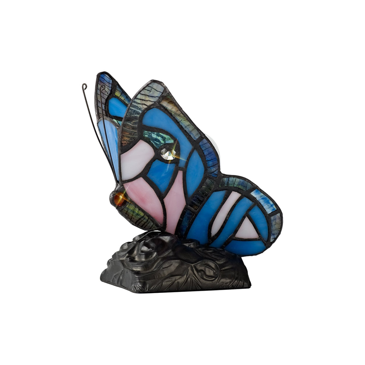 Tiffany Butterfly Table Lamp with Black Base, Blue/Pink Stained Glass, and Clear Crystal Accents
