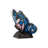 Tiffany Butterfly Table Lamp with Black Base, Blue/Pink Stained Glass, and Clear Crystal Accents