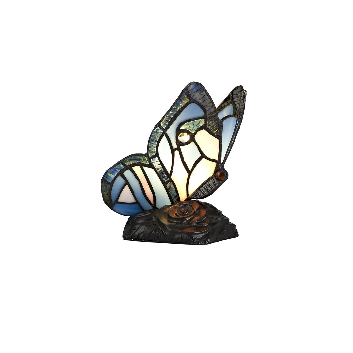 Tiffany Butterfly Table Lamp with Black Base, Blue/Pink Stained Glass, and Clear Crystal Accents