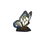 Tiffany Butterfly Table Lamp with Black Base, Blue/Pink Stained Glass, and Clear Crystal Accents