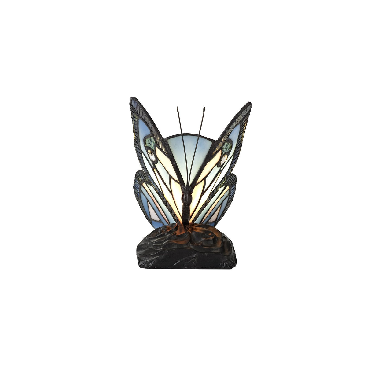 Tiffany Butterfly Table Lamp with Black Base, Blue/Pink Stained Glass, and Clear Crystal Accents