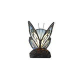 Tiffany Butterfly Table Lamp with Black Base, Blue/Pink Stained Glass, and Clear Crystal Accents