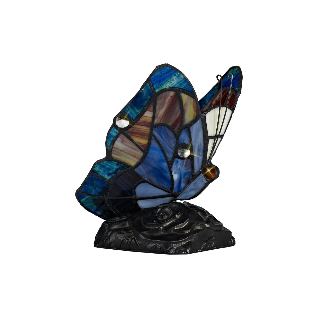 Tiffany Inspired Butterfly Accent Lamp with Blue/Brown Stained Glass and Crystal Detailing