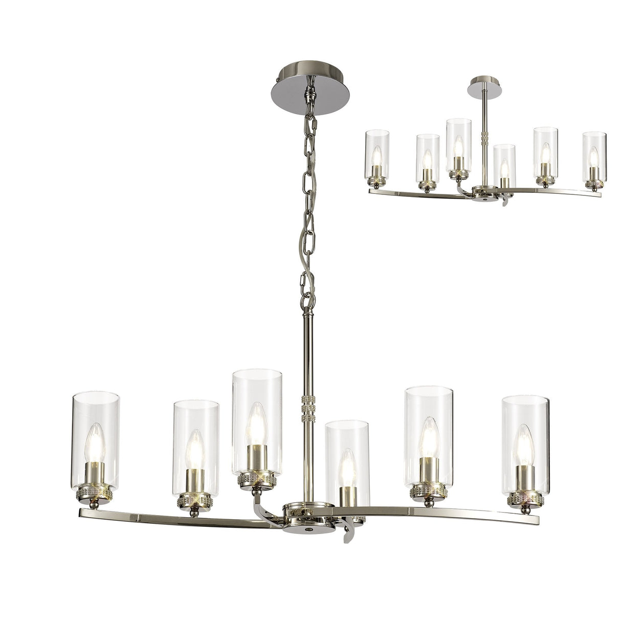Elegant Polished Nickel Pendant Ceiling Light with Clear Crystal Accents - 6 Light E14 Fixture