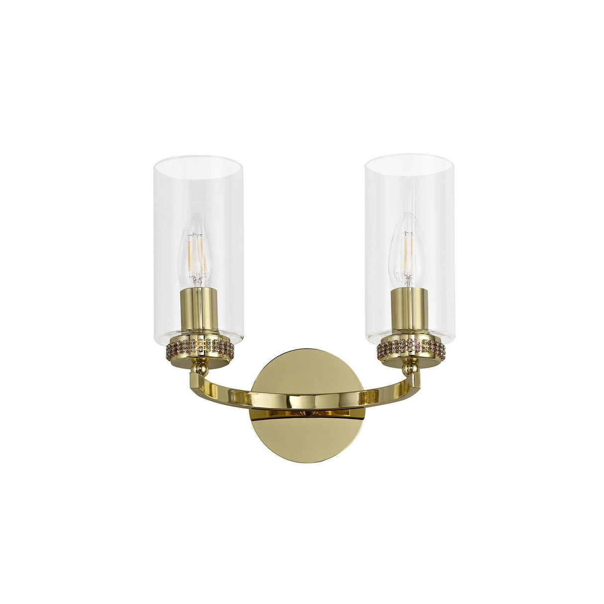 Elegant Gold Wall Lamp with Clear Crystal Accents, Dual E14 Sockets