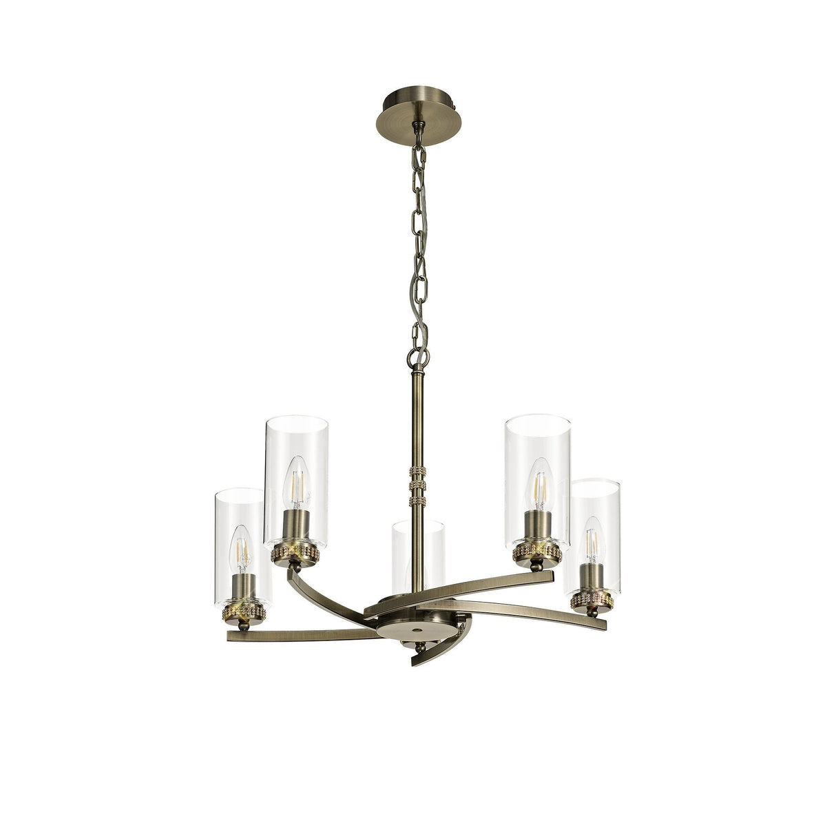 Elegant Antique Brass and Crystal Semi-Flush Ceiling Light, 5-Light E14 Fixture