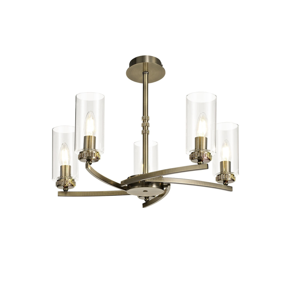 Elegant Antique Brass and Crystal Semi-Flush Ceiling Light, 5-Light E14 Fixture