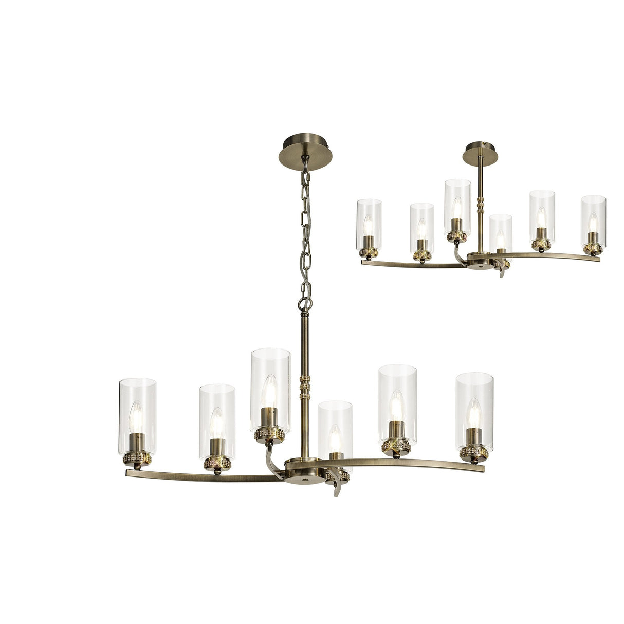 Antique Brass Pendant/Semi Flush Ceiling Light with Clear Crystals, 6-Light E14