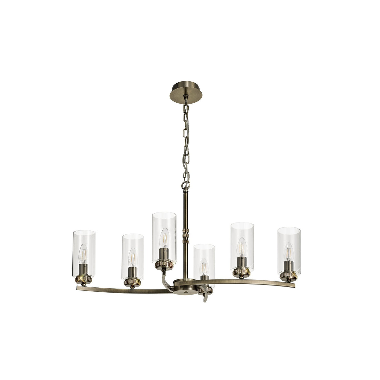 Antique Brass Pendant/Semi Flush Ceiling Light with Clear Crystals, 6-Light E14