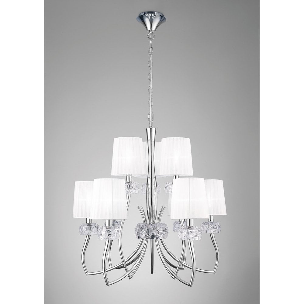 Loewe Elegant Two-Tier Pendant Light 6+3, Polished Chrome with White Organza Shades