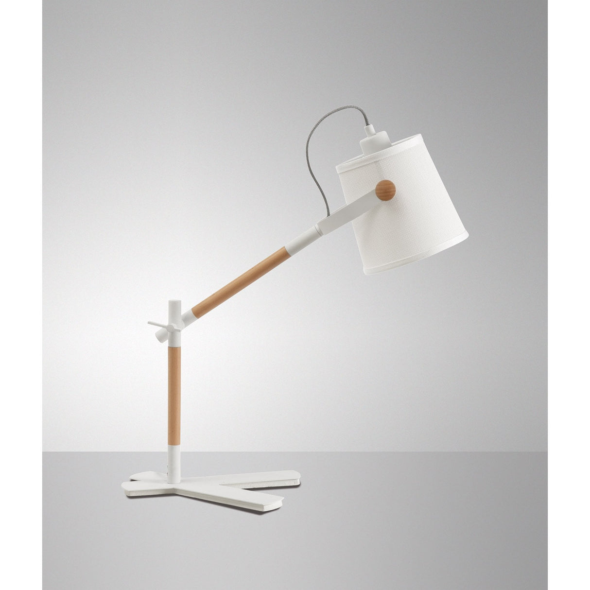 Nordica Adjustable Table Lamp in Matt White and Beech with Ivory Shade