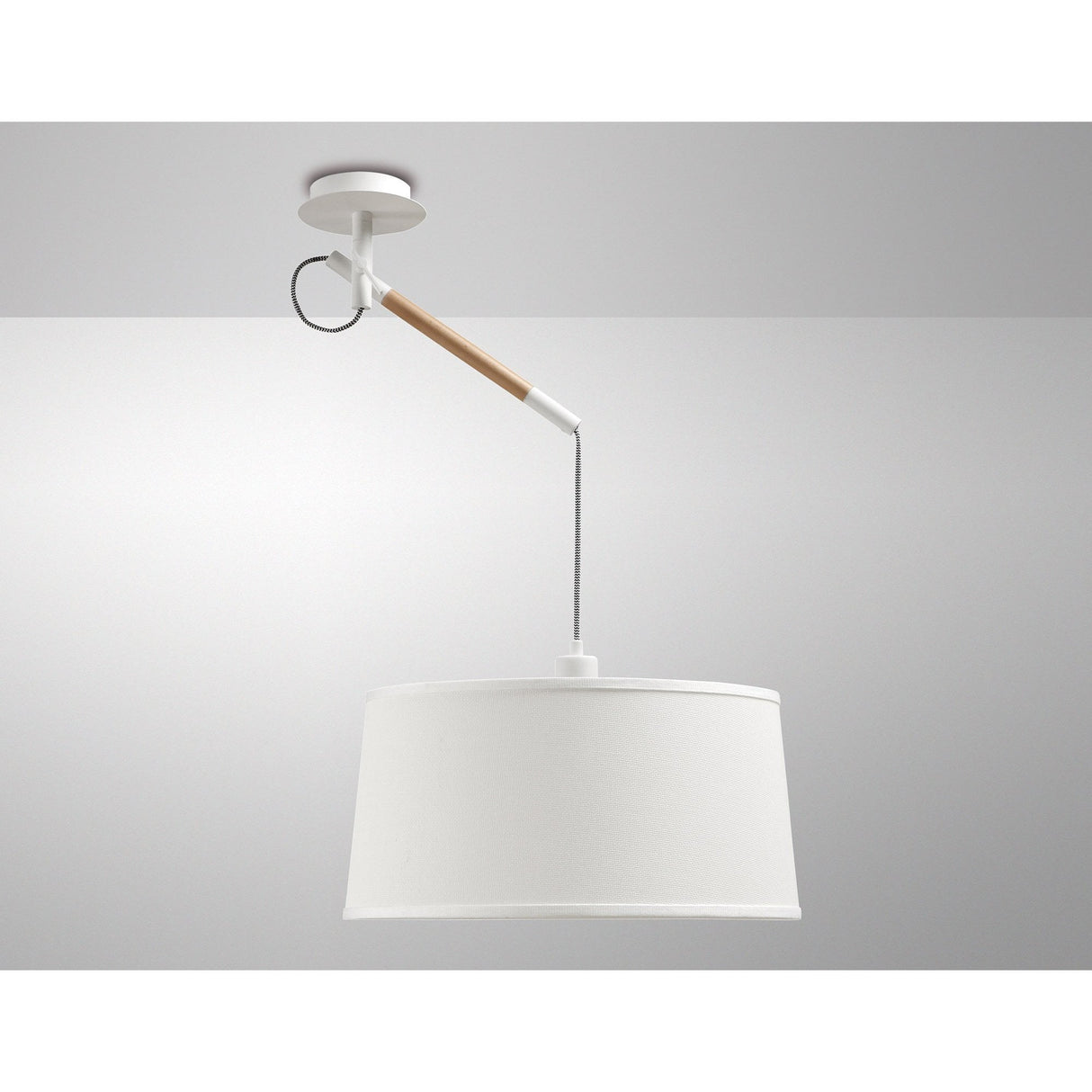 Nordica Adjustable Pendant with Ivory Shade - 1 Light, Matt White and Beech Finish