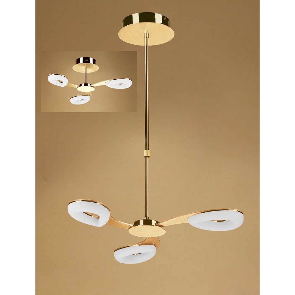Juno Satin Gold LED Semi Flush Convertible Light with Frosted Teardrop Diffusers, 3-Light 15W 3000K, 1350lm, 3-Year Warranty