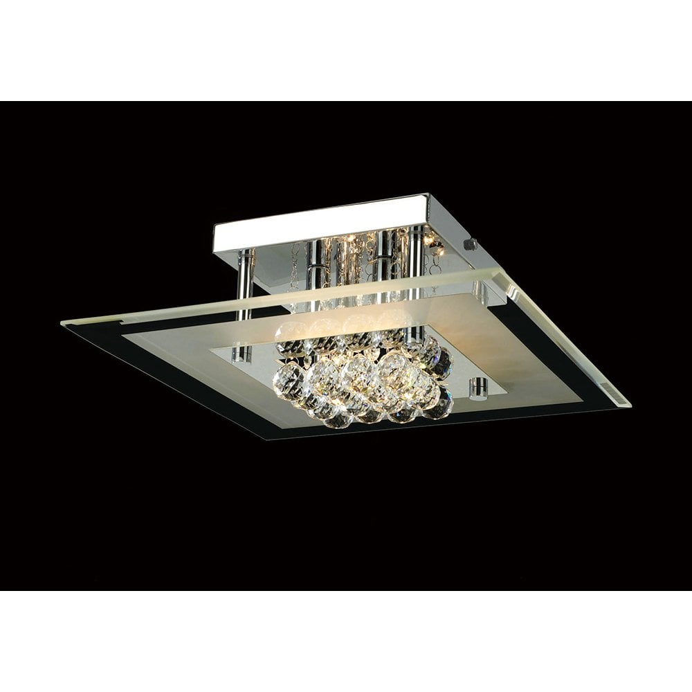 Delmar Polished Chrome Square Ceiling Light with Clear/Frosted Glass and Crystal Accents