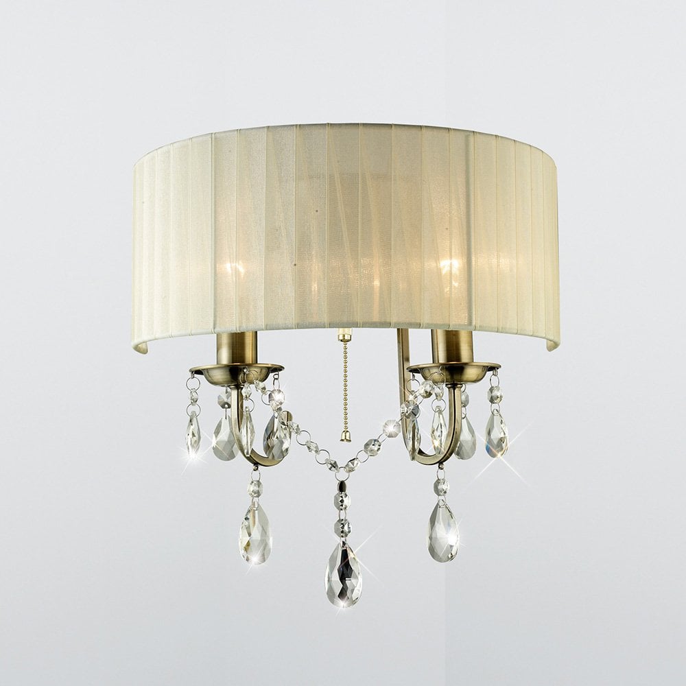 Olivia Wall Lamp with Ivory Cream Shade and Antique Brass Finish, 2-Light Crystal Accent