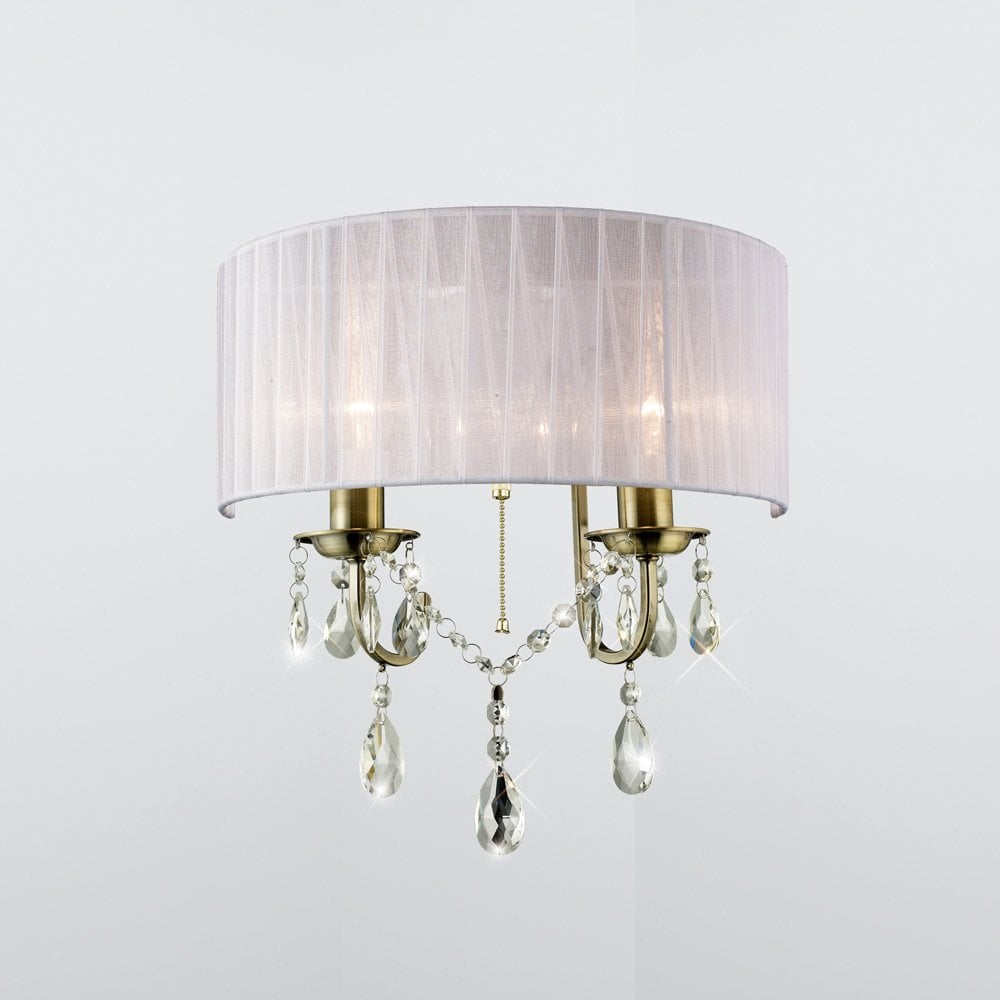 Olivia Dual Light Antique Brass Wall Lamp with White Shade and Crystal Accents
