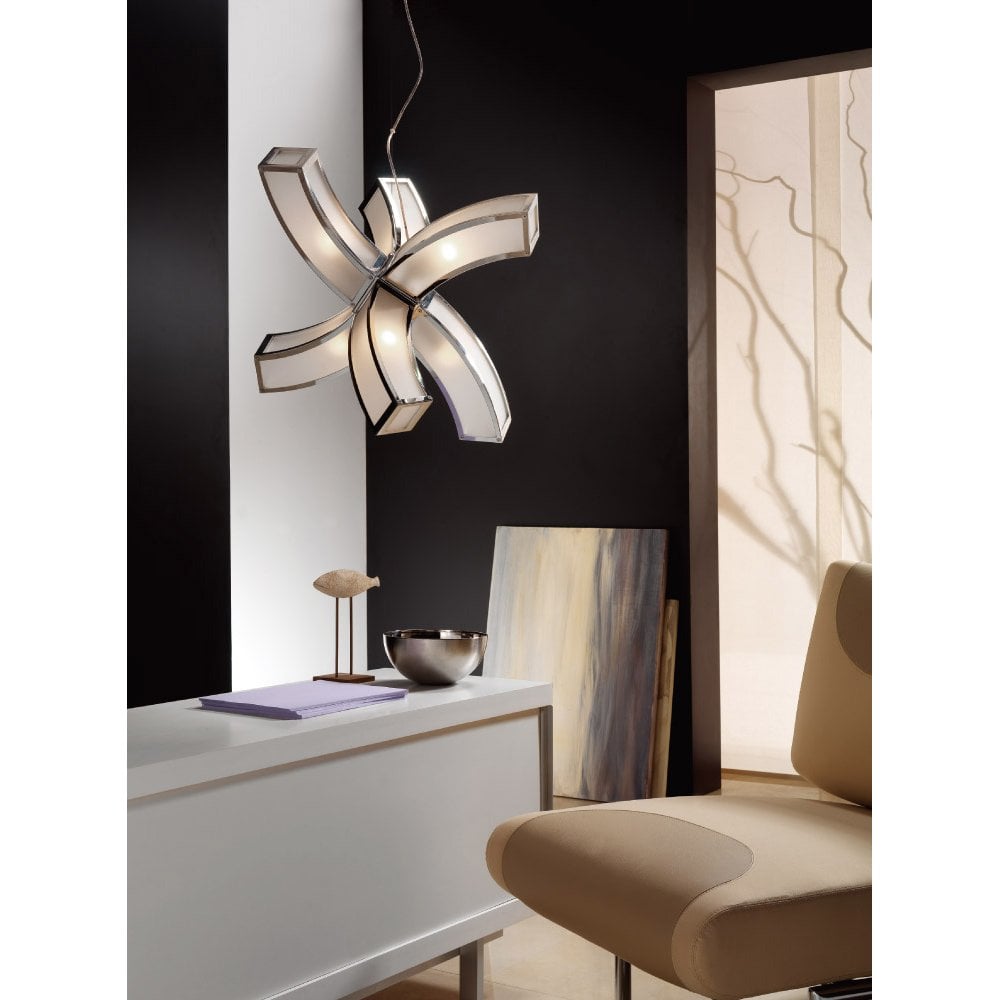 Duna E27 Pendant Light with 6 Arms in Polished Chrome and White Acrylic