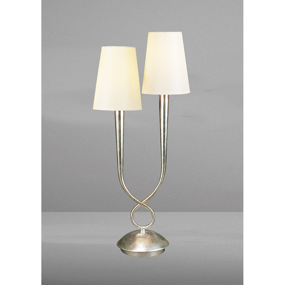 Paola Dual Light Table Lamp in Silver with Cream Conical Shades