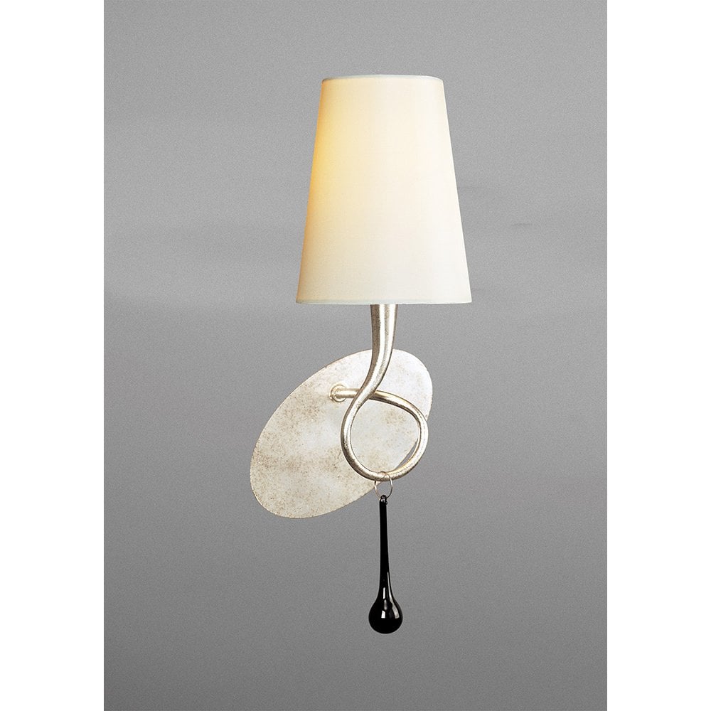 Elegant Paola Wall Lamp with Cream Shade & Black Glass Accents, Switched 1-Light E14, Silver Finish