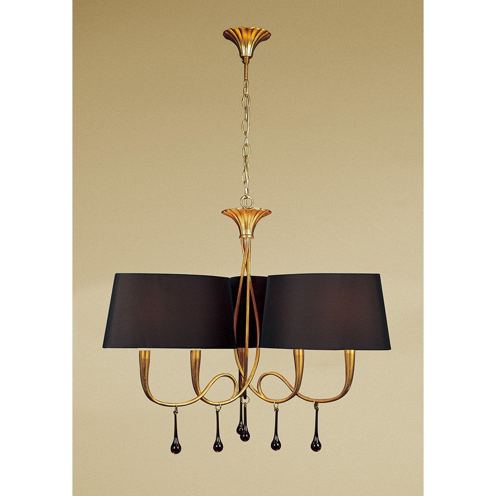 Paola Gold & Black Chandelier with Amber Droplets, 3 Arm, 6 Light E14