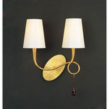 Paola Gold-Finished Dual-Light Wall Lamp with Cream Shades & Amber Glass Accents
