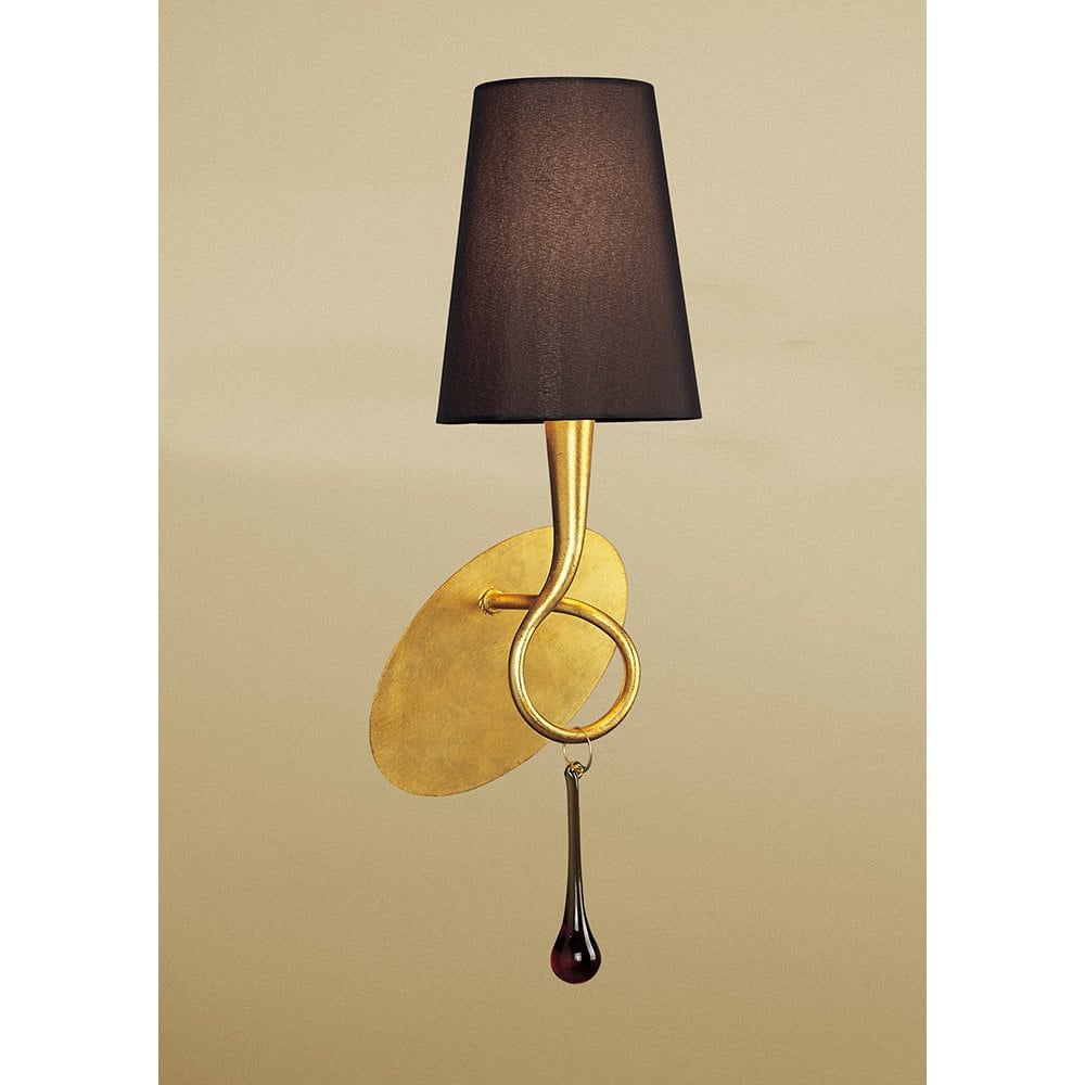 Paola Gold-Plated Wall Lamp with Black Shade and Amber Glass Accents