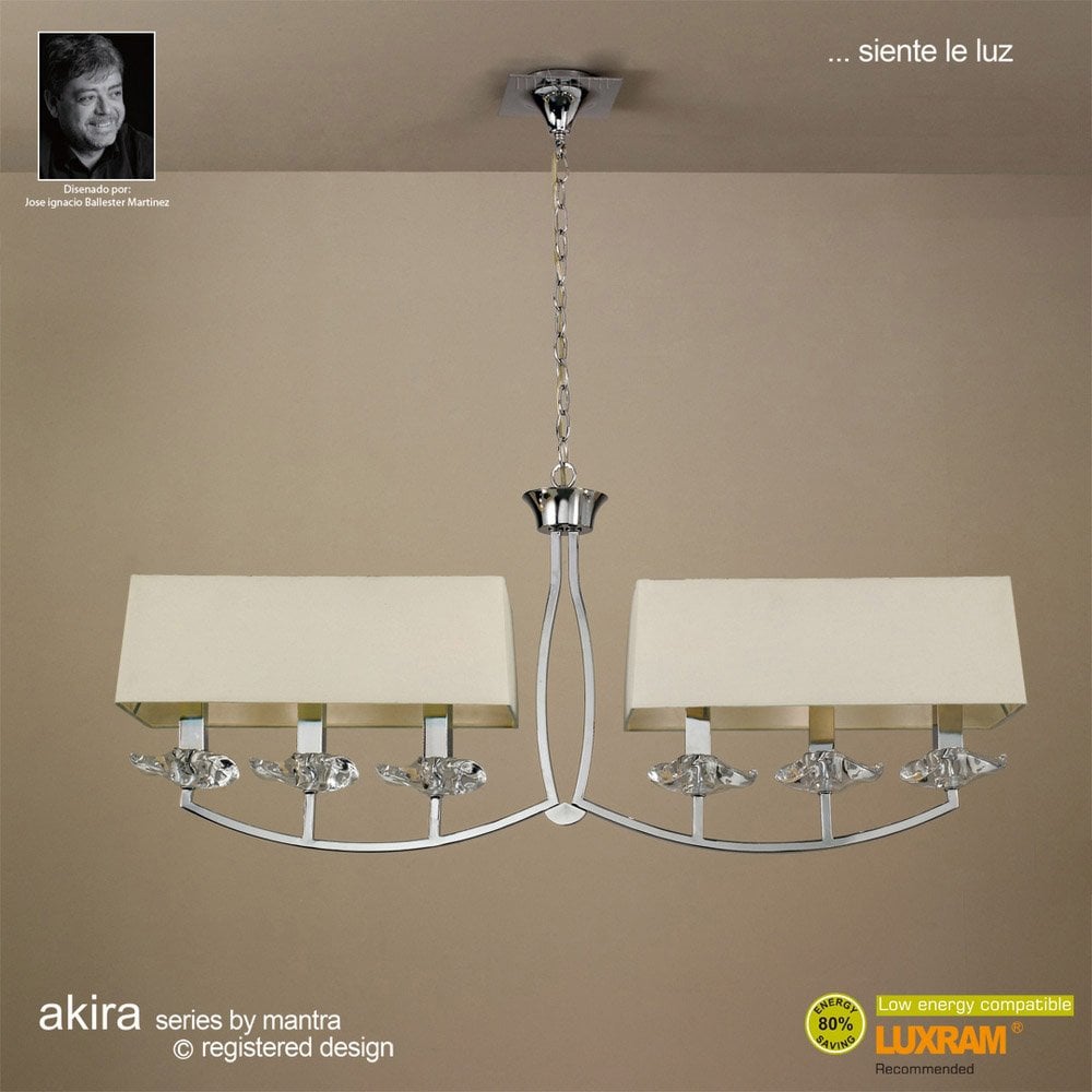 Akira Modern 2-Arm 6-Light Chandelier in Polished Chrome with Cream Shades