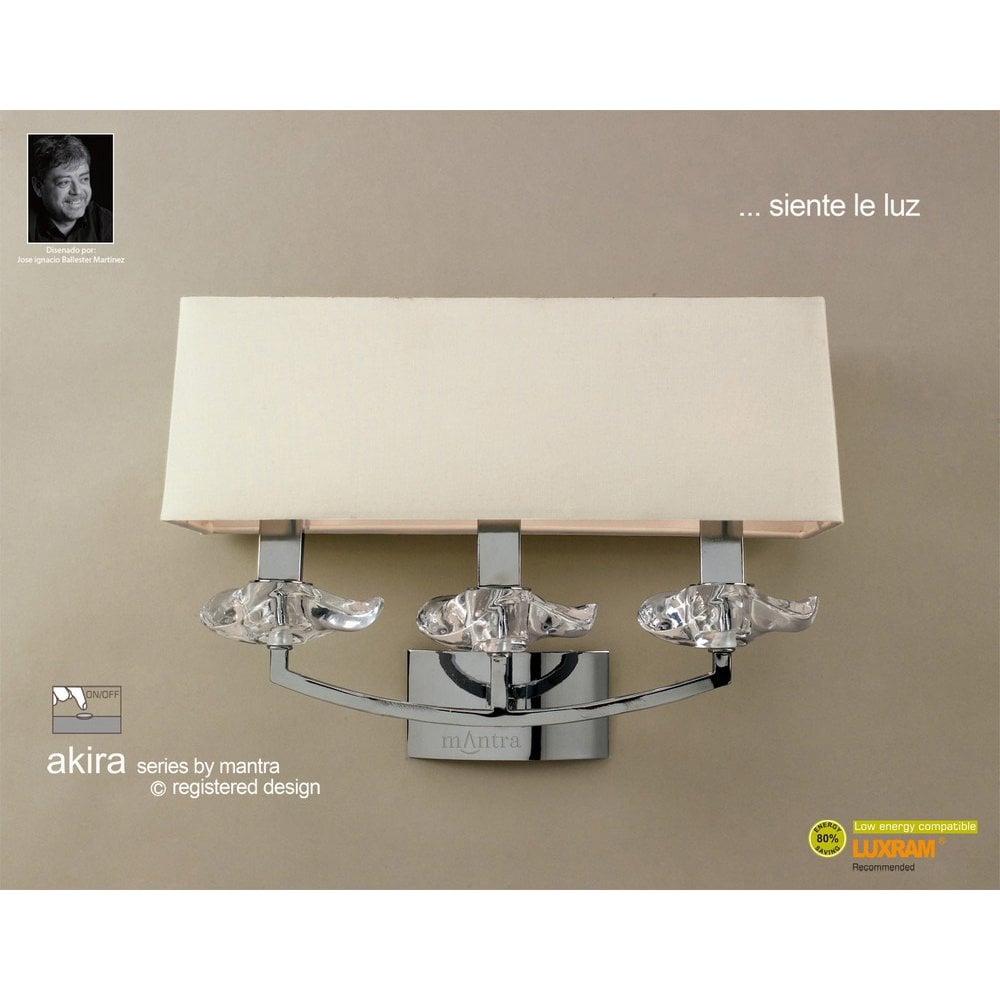 Akira Switched Triple Light Wall Sconce, Polished Chrome with Cream Shade