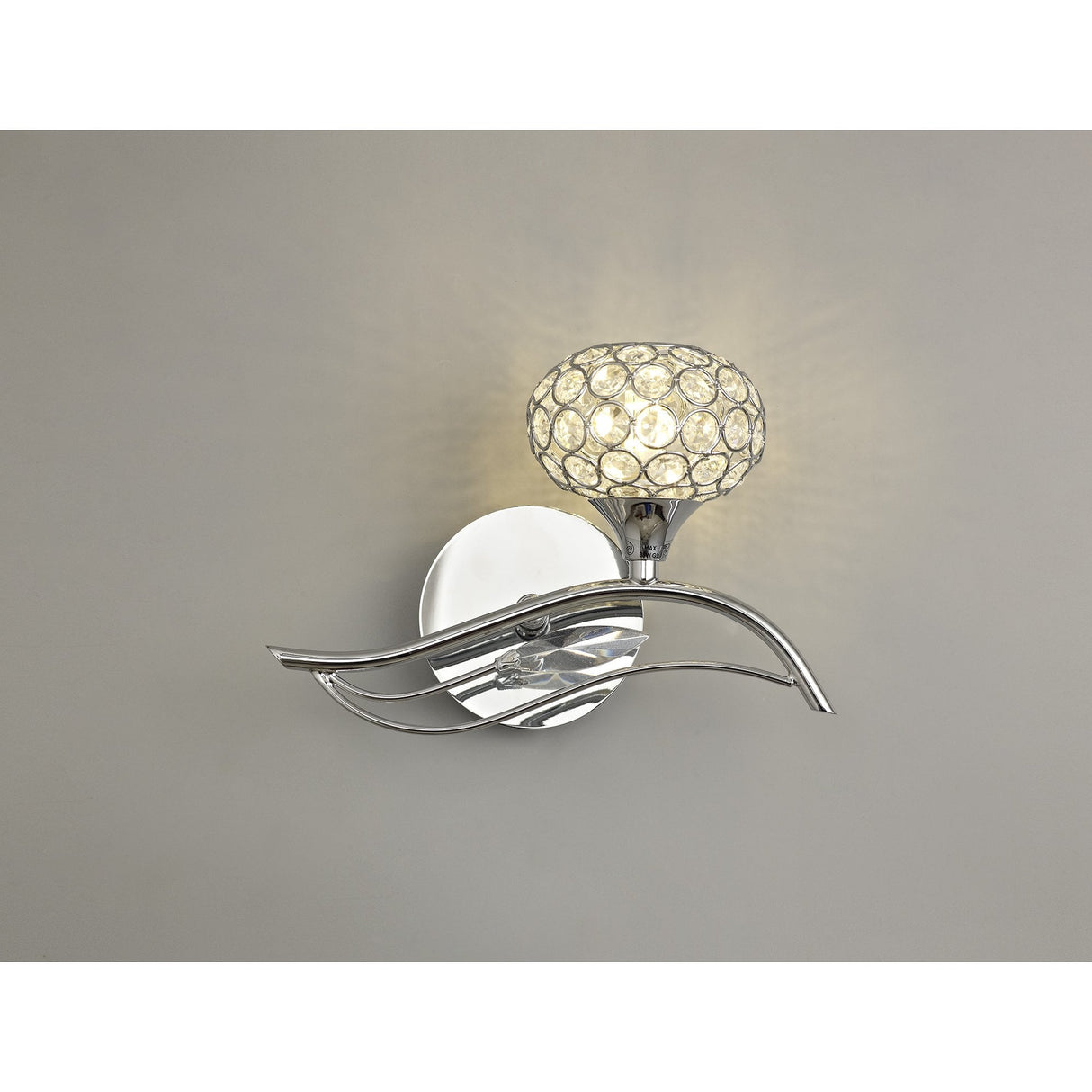 Leimo Switched Wall Lamp, Right Facing, Polished Chrome with Crystal Elegance