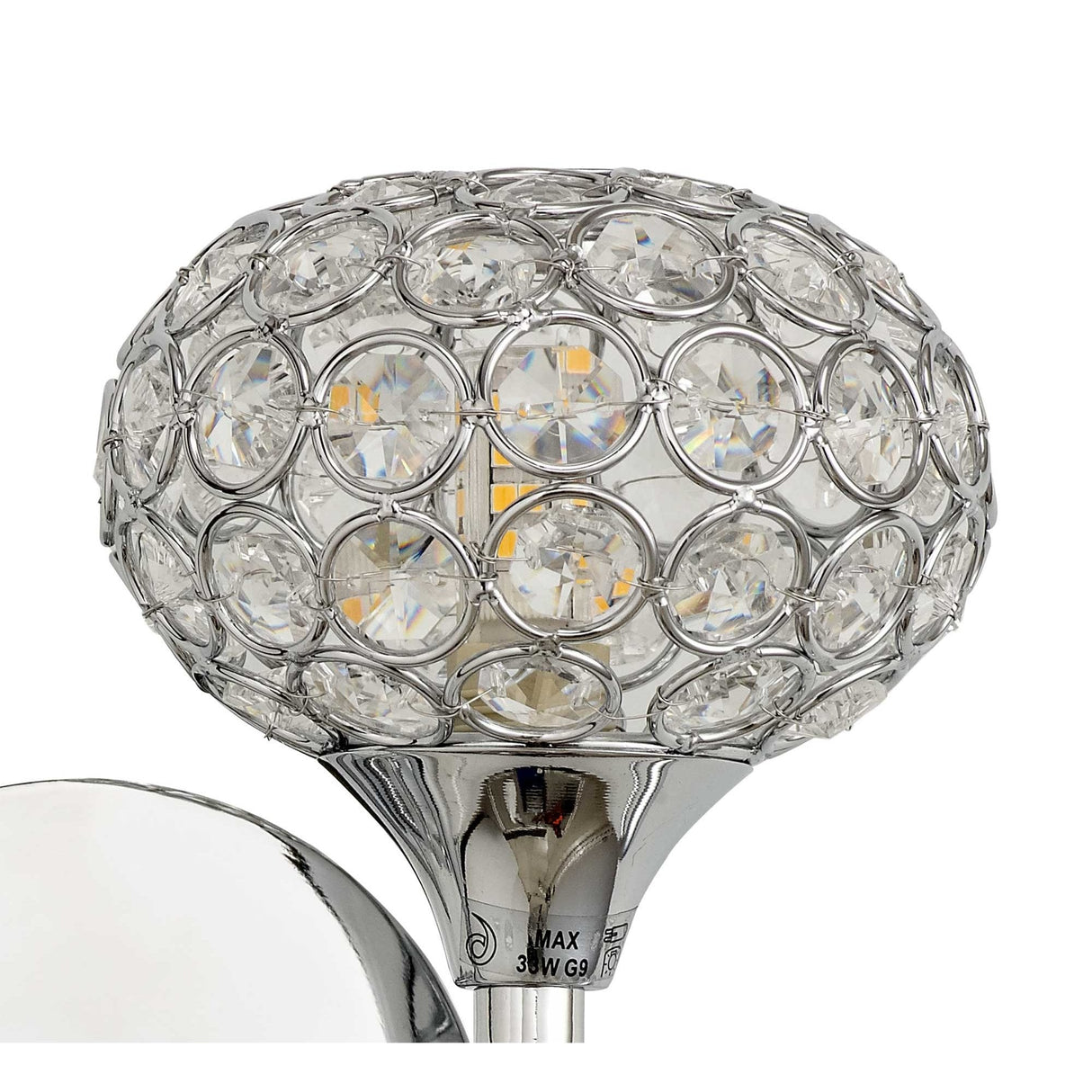 Leimo Switched Wall Lamp, Right Facing, Polished Chrome with Crystal Elegance
