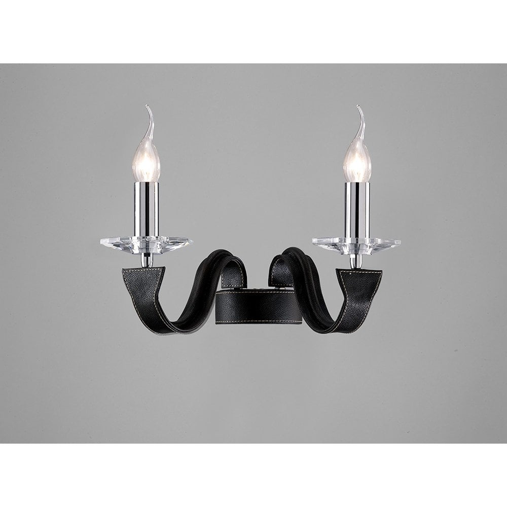 Nardini Dual Light Wall Fixture in Polished Chrome with Black Faux Leather and Crystal Accents
