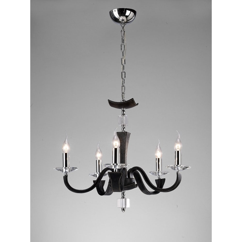 Nardini 5-Light Pendant in Polished Chrome with Black Faux Leather and Crystal Accents