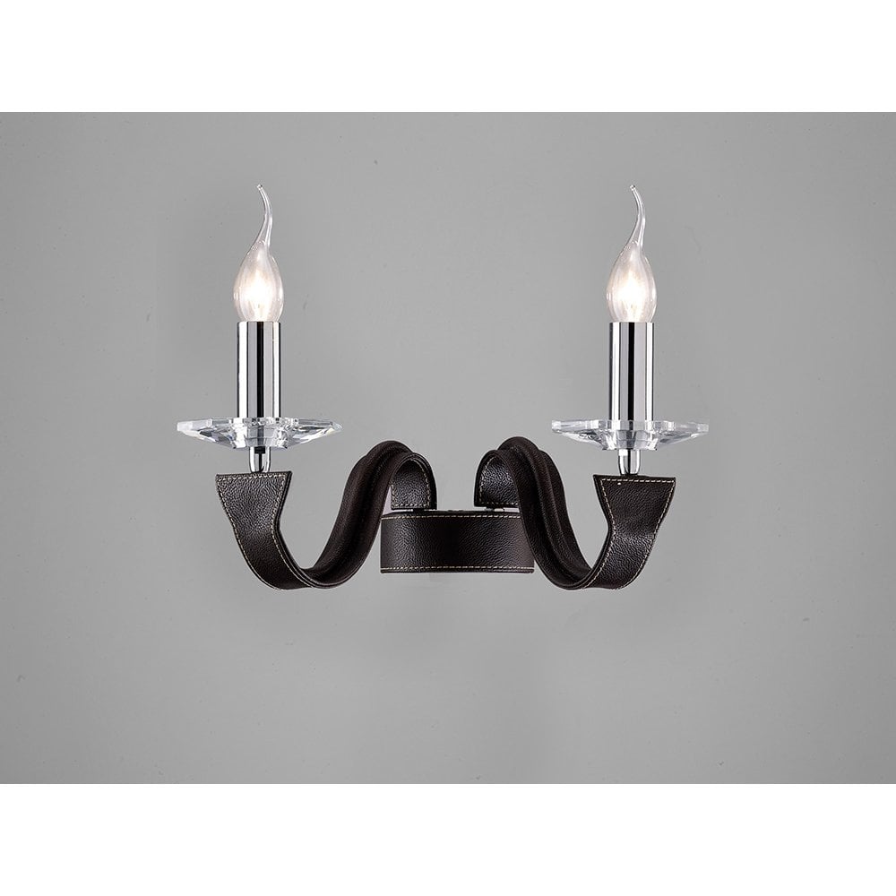 Polished Chrome & Dark Brown Faux Leather Crystal Wall Sconce - Nardini 2-Light Fixture