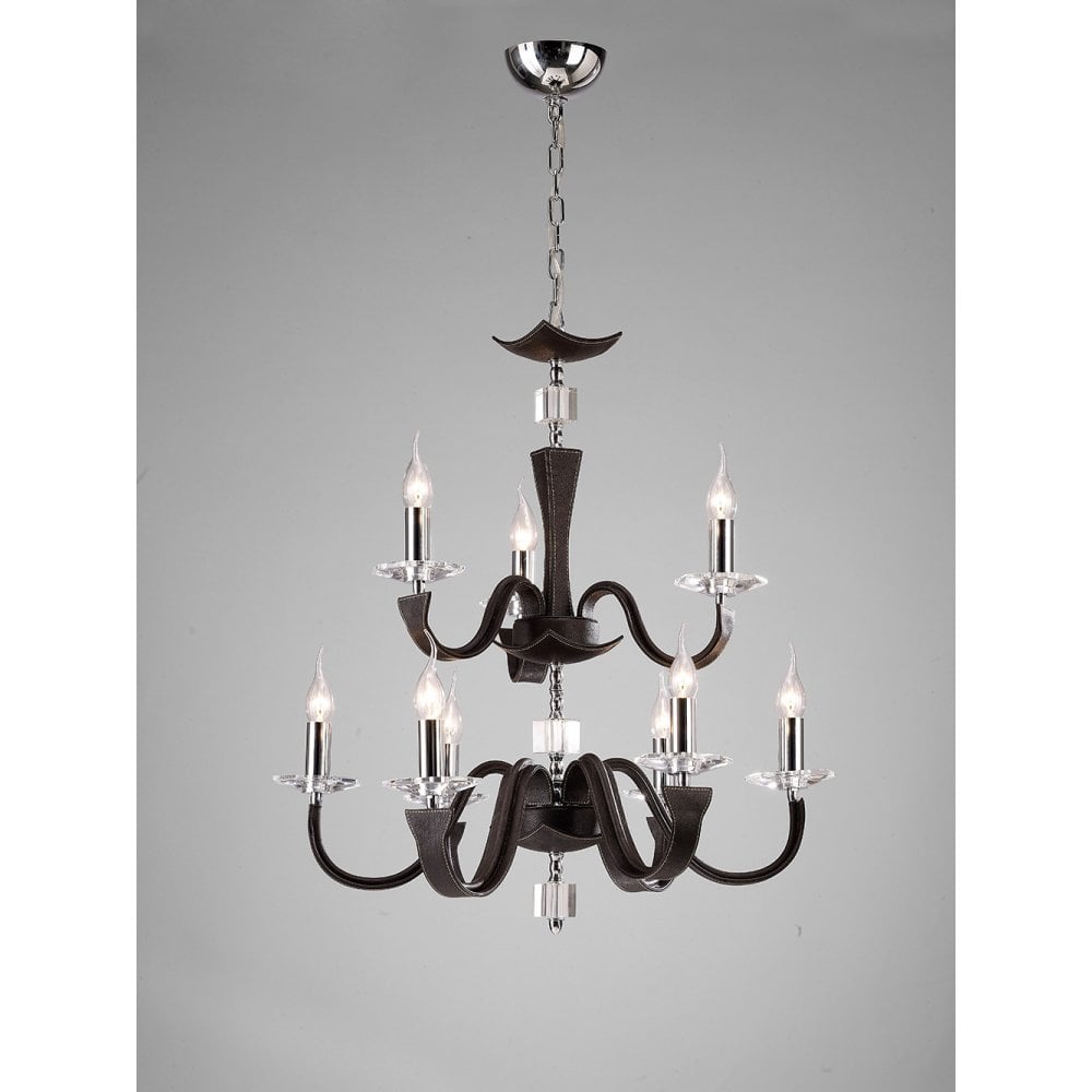 Nardini Two-Tier 9-Light Chandelier in Polished Chrome and Dark Brown Faux Leather with Crystal Accents