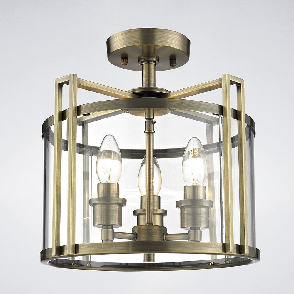 Eaton Semi Flush Mount Ceiling Light in Antique Brass and Glass