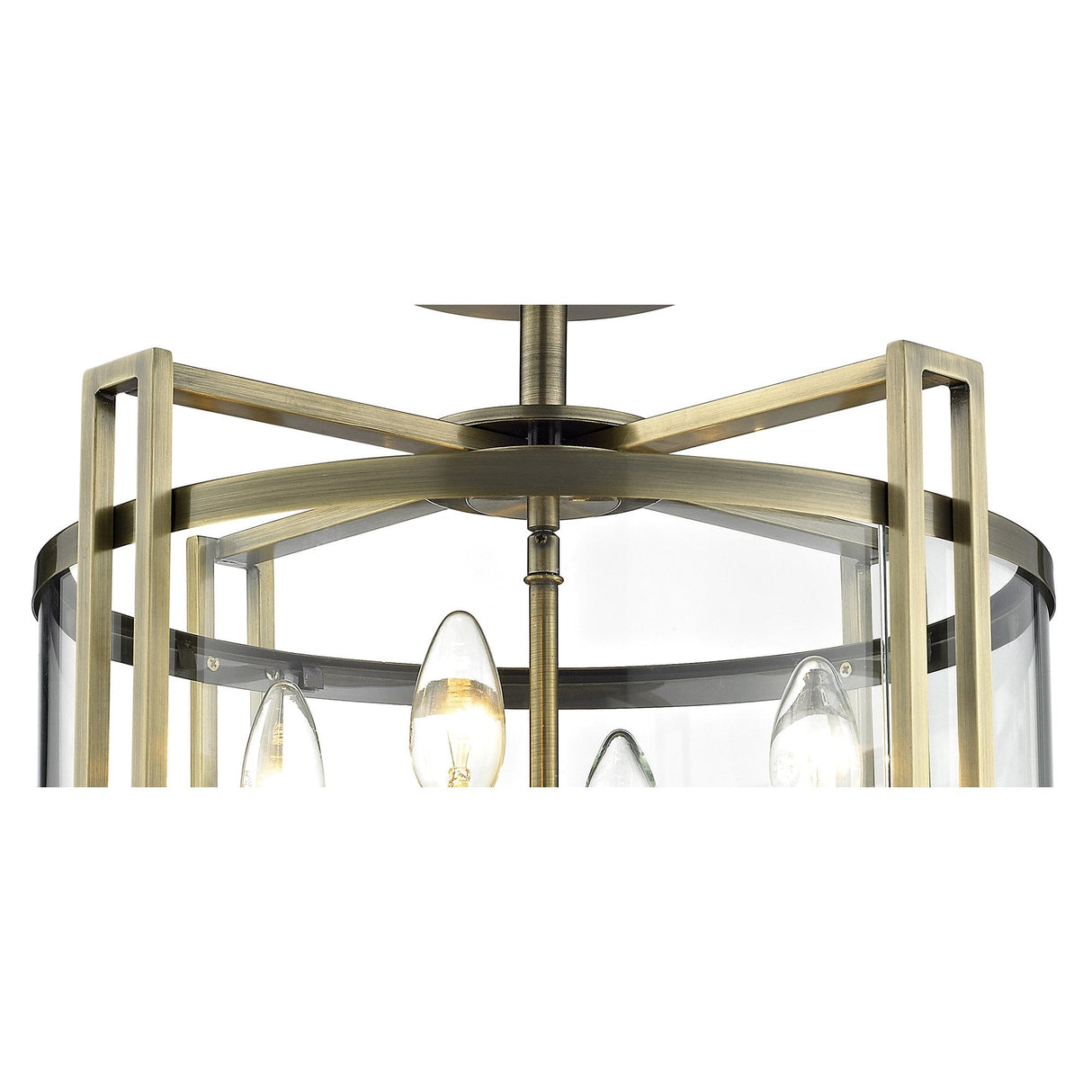 Elegant Eaton Antique Brass and Glass 4-Light Semi Ceiling Fixture