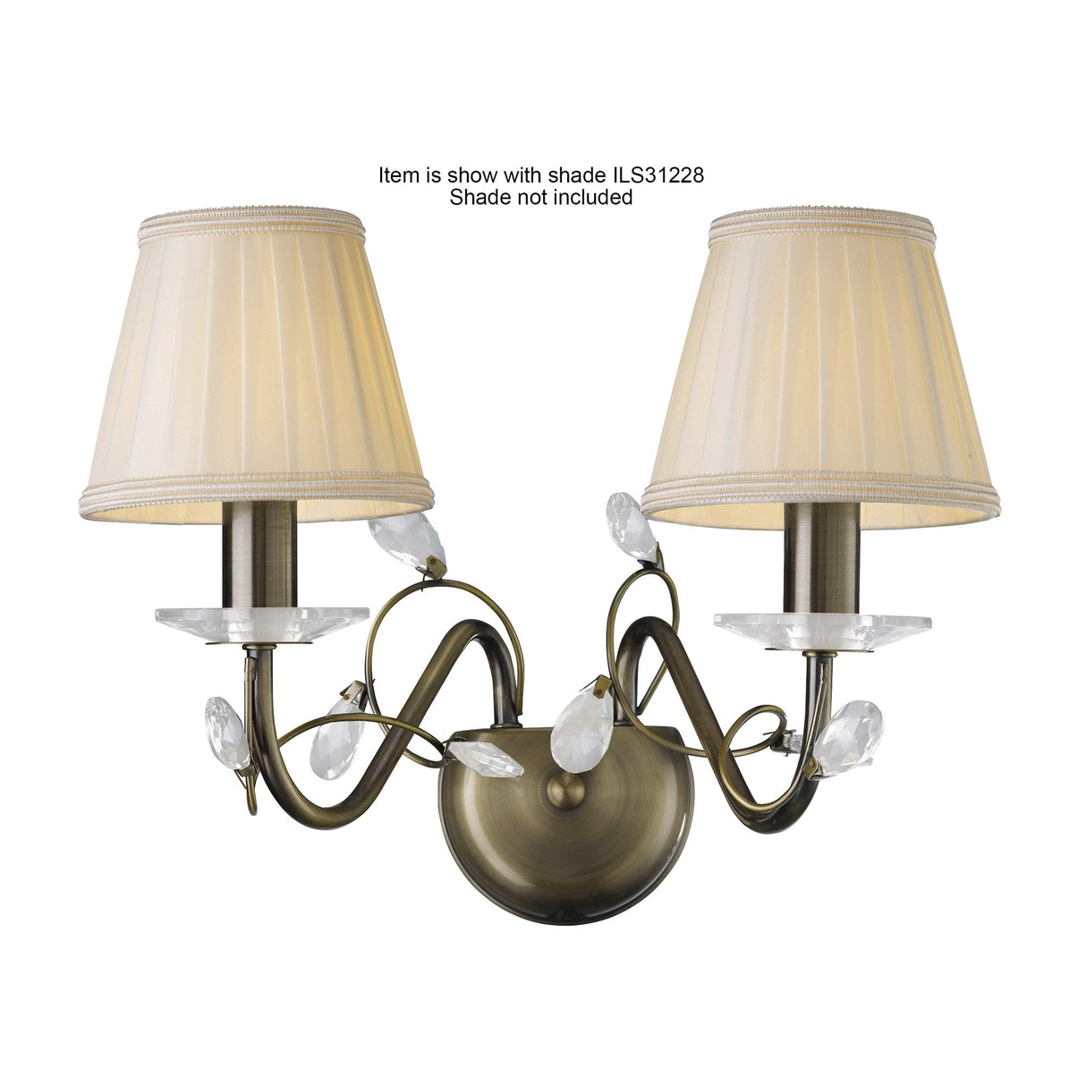 Willow Antique Brass & Crystal Double Light Wall Fixture Without Shade
