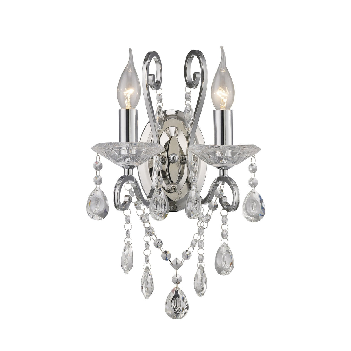 Elegant Vela Dual Light Wall Sconce in Polished Chrome and Crystal