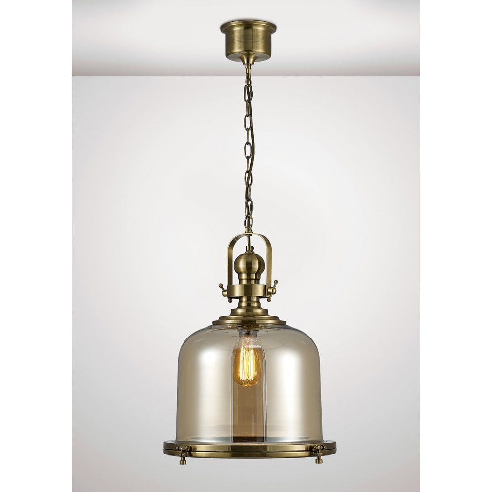 Riley Large Antique Brass & Cognac Glass Bell Pendant Light