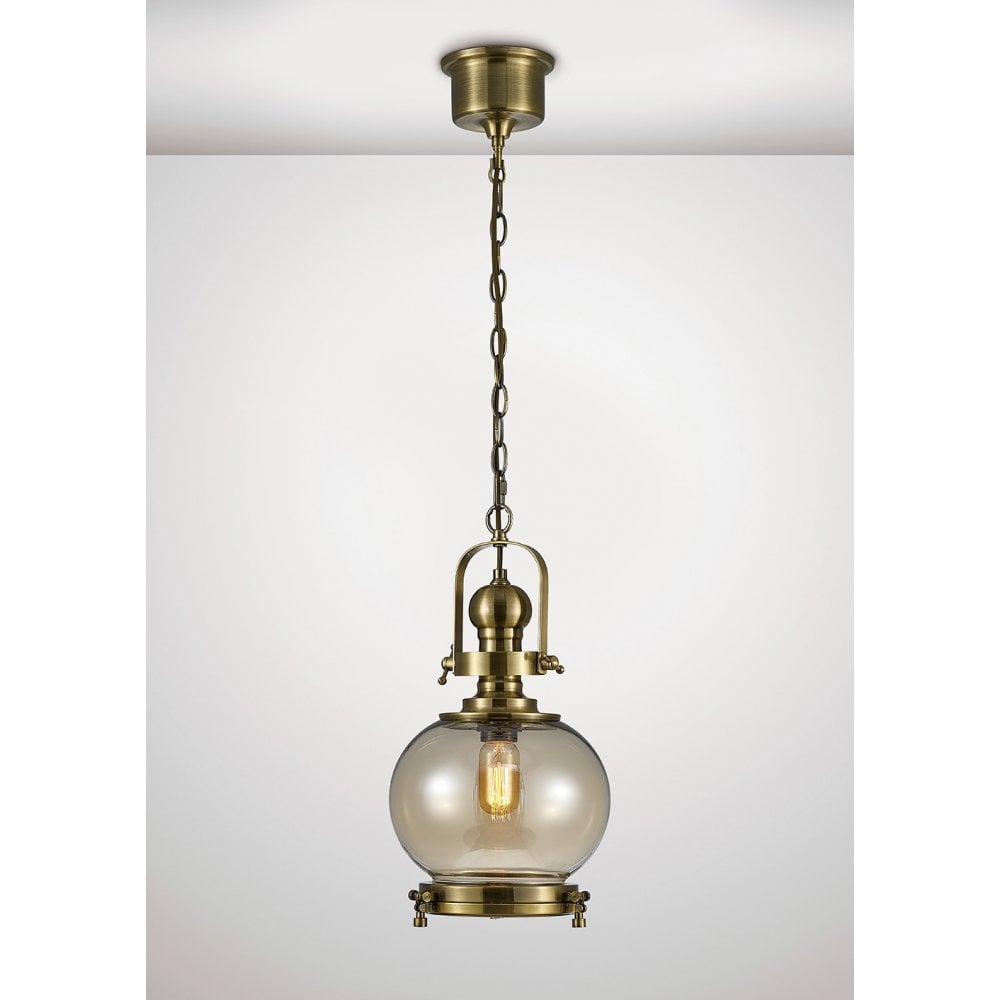 Riley Small Ball Pendant Light with Antique Brass and Cognac Glass Shade