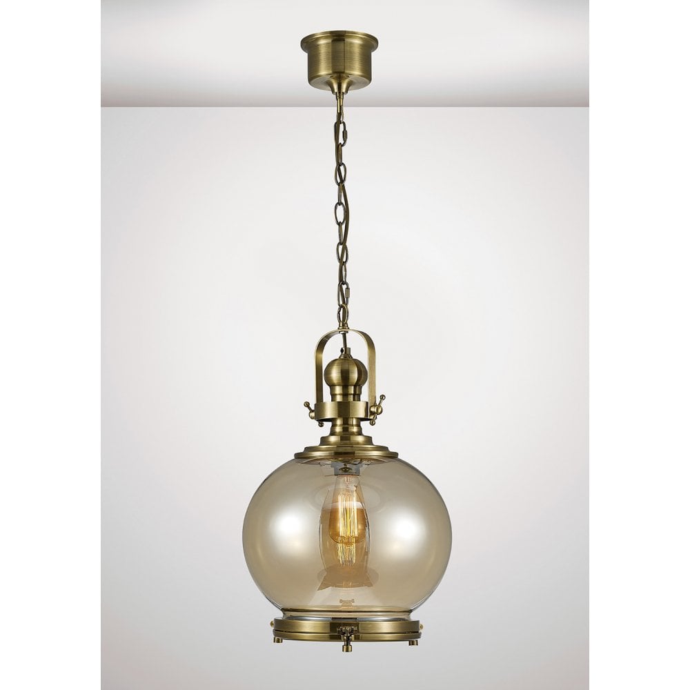Riley Medium Ball Pendant Light in Antique Brass with Cognac Glass Shade
