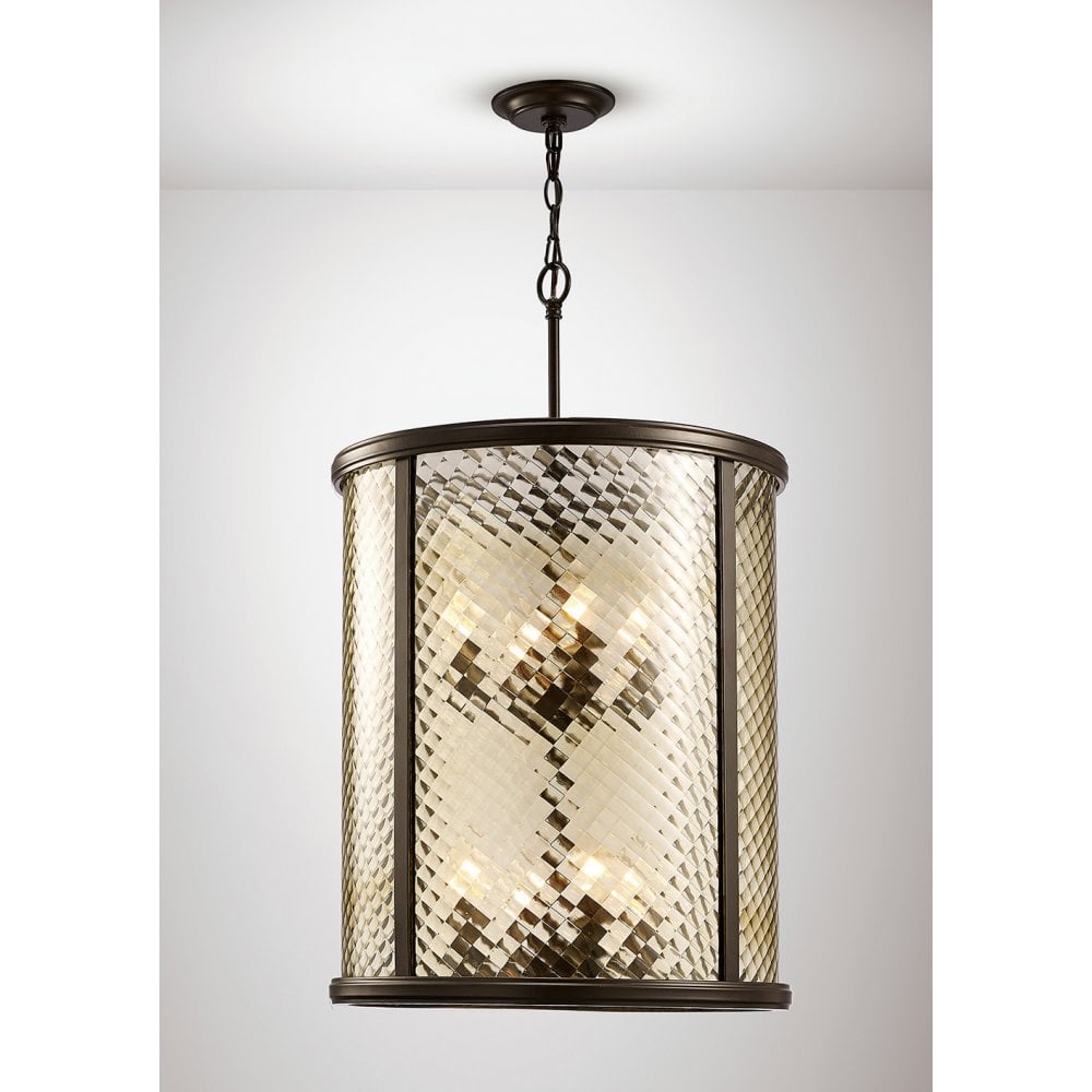 Asia Pendant 8-Light Chandelier in Oiled Bronze with Amber-Tinted Clear Glass