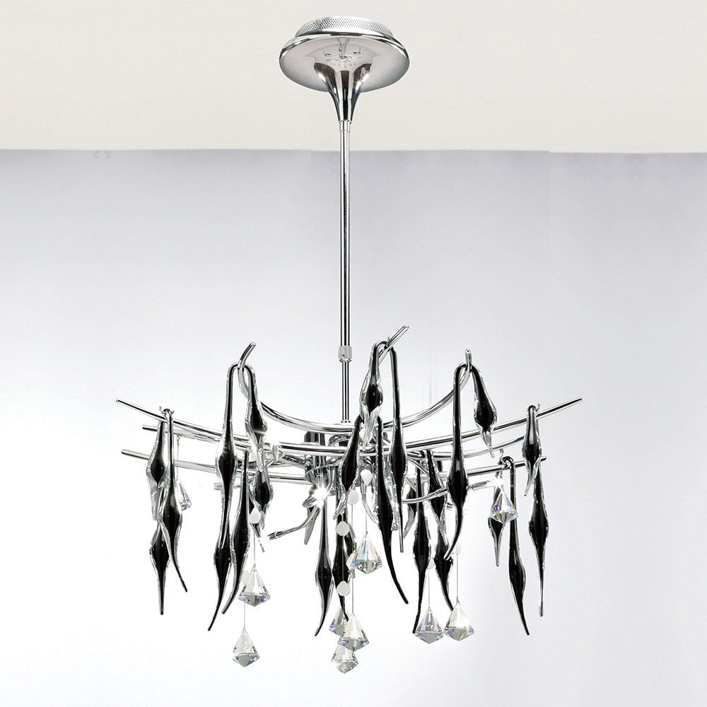 Cygnet Pendant 12-Light in Polished Chrome and Black Glass with Crystal Accents