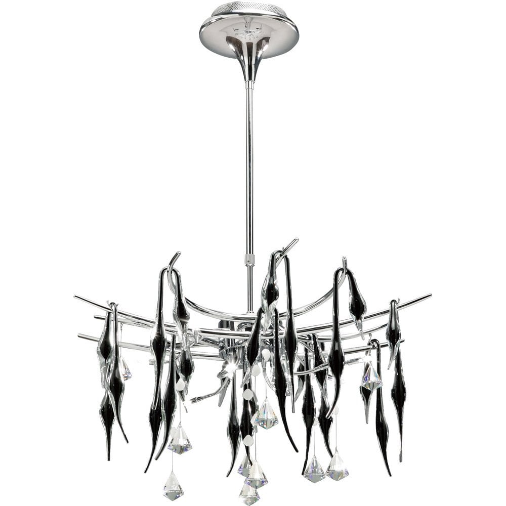Cygnet Pendant 12-Light in Polished Chrome and Black Glass with Crystal Accents