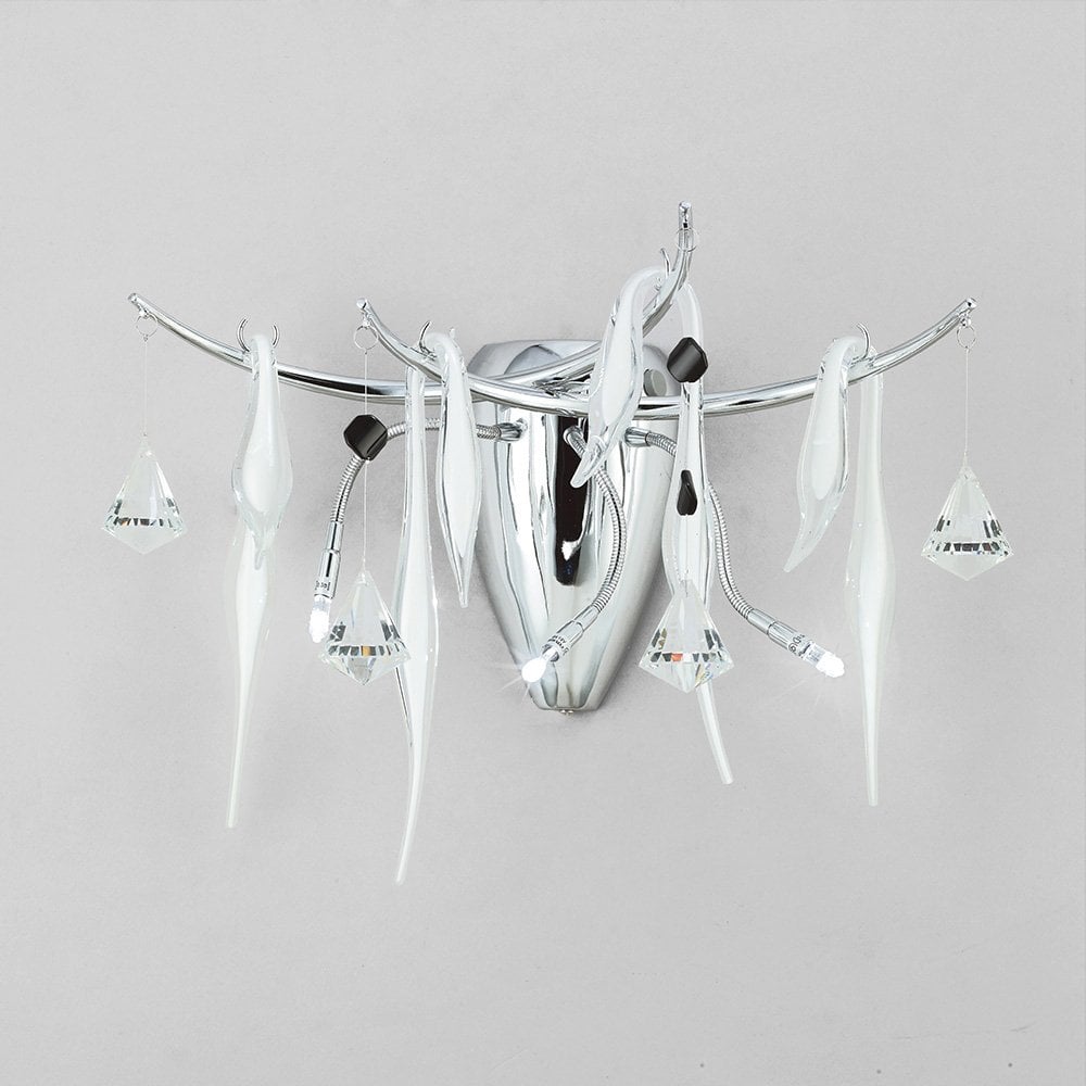 Luxe Cygnet Wall Lamp Trio in Polished Chrome with Crystal and White Glass Accents