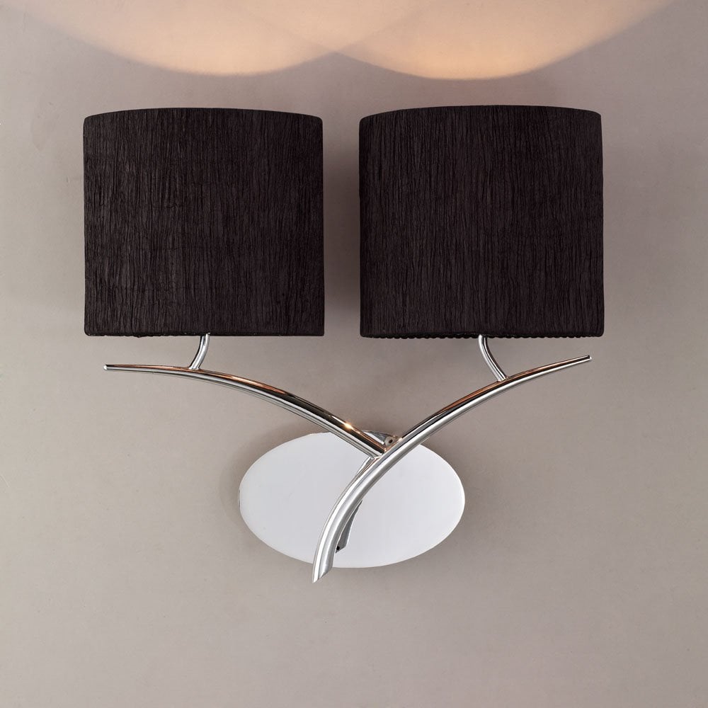 Sleek Eve Dual Light Wall Lamp in Polished Chrome with Black Silken Oval Shades