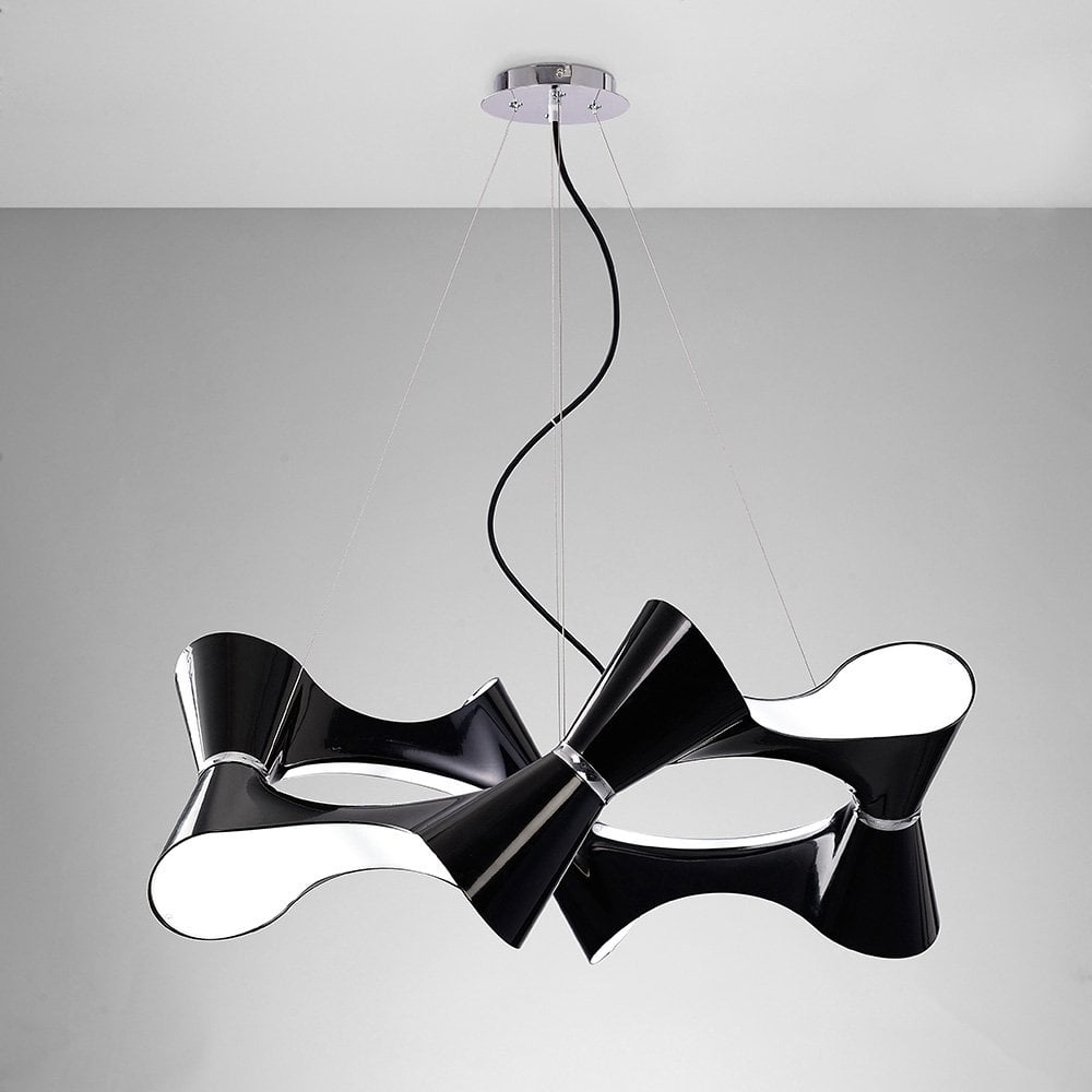 Ora Pendant 8 Light Twisted Sphere in Gloss Black with White Acrylic and Polished Chrome